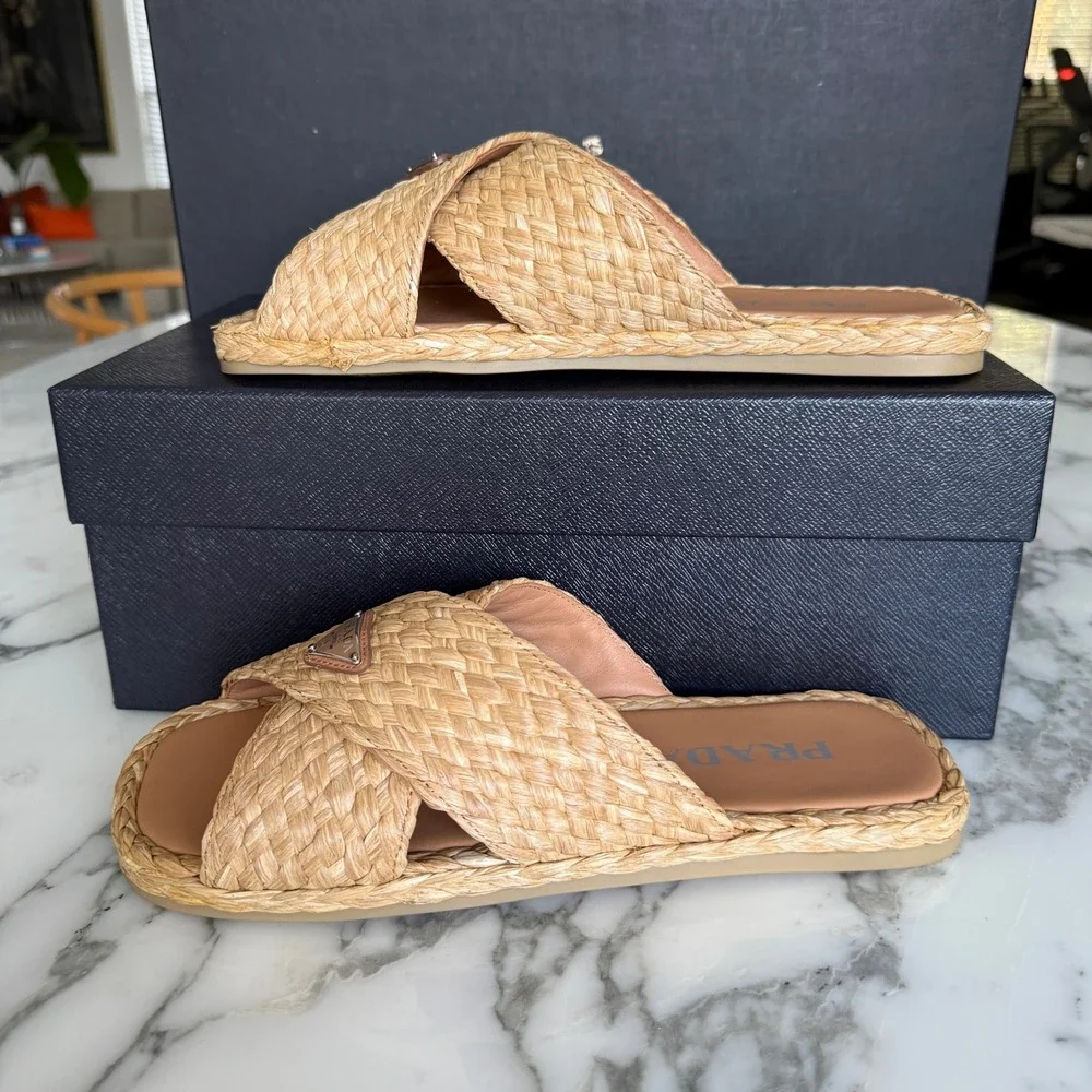 Prada 2X3142 Mens Woven Raffia Cross Strap Slide Sandals Beige Tan UK 7 (FIT LG)
